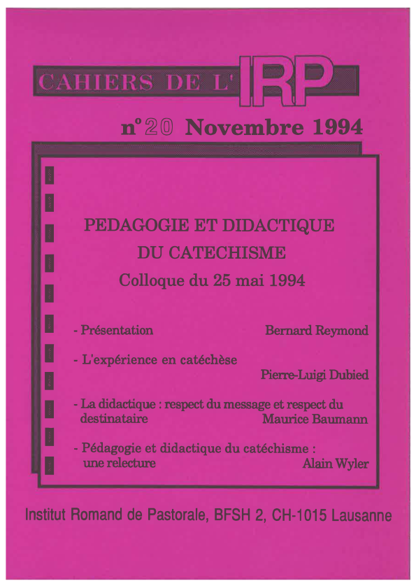 Cahiers IRP - Pédagogie et didactiqeu du caatéchisme - 1994/20
